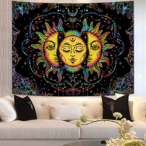 Lifeella Blacklight Sun and Moon Tapestry, UV Reactive Burning Sun Tapestries Glow in Dark Aesthetic Mystic Wall Hanging Colorful (Mutil, 60"×80" (150×200cm)) - Image 3