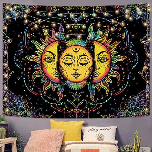 Lifeella Blacklight Sun and Moon Tapestry, UV Reactive Burning Sun Tapestries Glow in Dark Aesthetic Mystic Wall Hanging Colorful (Mutil, 60"×80" (150×200cm)) - Image 2