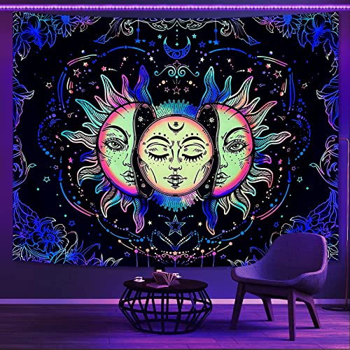 Lifeella Blacklight Sun and Moon Tapestry, UV Reactive Burning Sun Tapestries Glow in Dark Aesthetic Mystic Wall Hanging Colorful (Mutil, 60"×80" (150×200cm)) - Image 1
