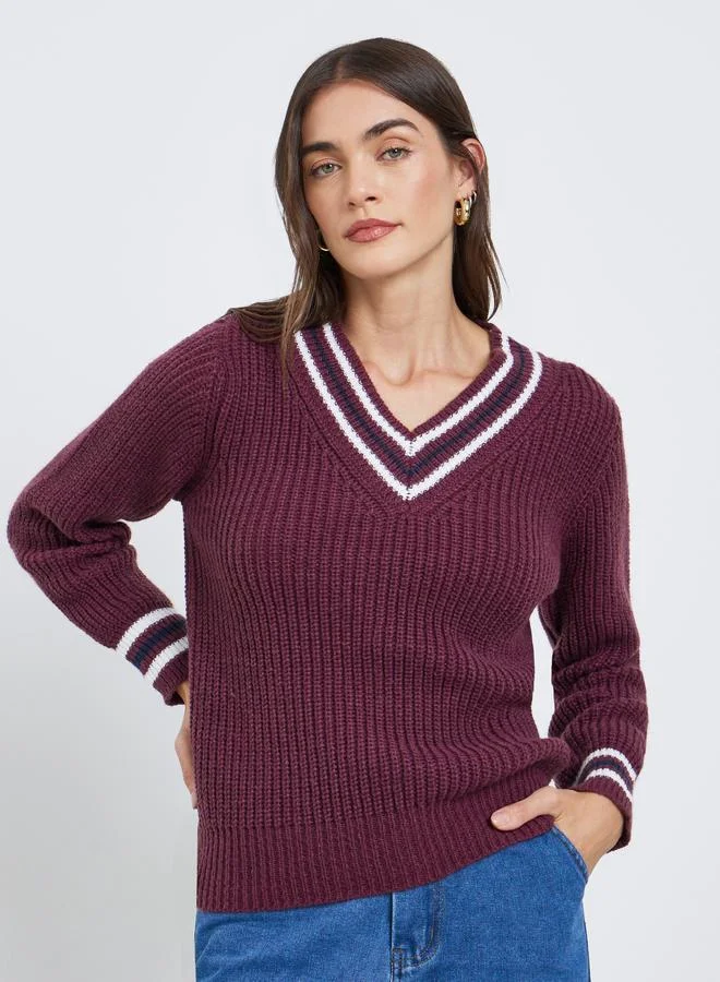 Styli Styli Burgundy V-Neck Knitted Striped Sweater