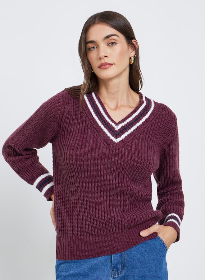 Styli Burgundy V-Neck Knitted Striped Sweater - Image 2