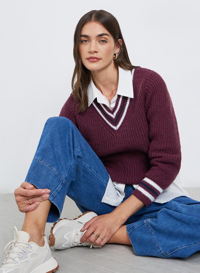 Styli Burgundy V-Neck Knitted Striped Sweater - Image 1