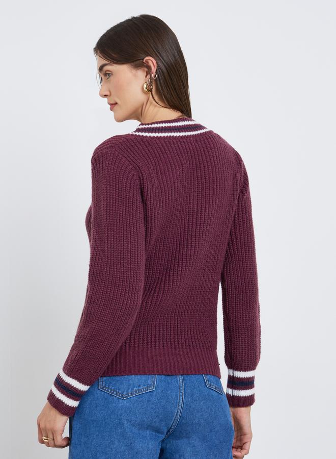 Styli Burgundy V-Neck Knitted Striped Sweater - Image 4
