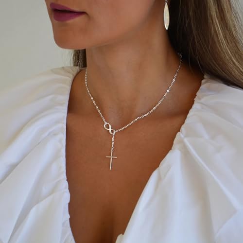 Poxtex Silver Necklace for Women, Waterproof Non Tarnish Infinity Cross Pendant Long Y Necklaces Dainty Trendy Minimalist Christian Jewelry Faith Cross Accessories for Everyday Wear Easter Gift - Image 3