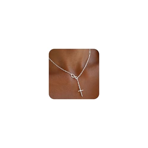 Poxtex Silver Necklace for Women, Waterproof Non Tarnish Infinity Cross Pendant Long Y Necklaces Dainty Trendy Minimalist Christian Jewelry Faith Cross Accessories for Everyday Wear Easter Gift - Image 1