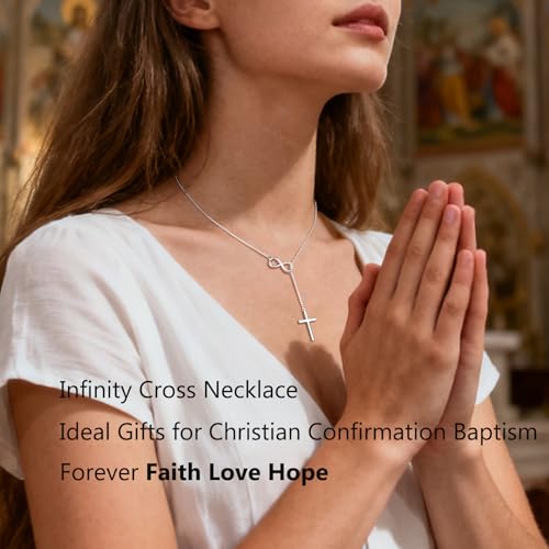Poxtex Silver Necklace for Women, Waterproof Non Tarnish Infinity Cross Pendant Long Y Necklaces Dainty Trendy Minimalist Christian Jewelry Faith Cross Accessories for Everyday Wear Easter Gift - Image 4