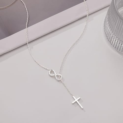 Poxtex Silver Necklace for Women, Waterproof Non Tarnish Infinity Cross Pendant Long Y Necklaces Dainty Trendy Minimalist Christian Jewelry Faith Cross Accessories for Everyday Wear Easter Gift - Image 5