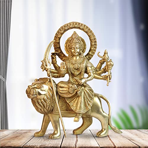 ARTVARKO Brass Maa Durga Idol Sitting On Lion Ma Sherwali Murti Devi Statue for Home Mandir Office Gift Navratra Puja 12 Inches - Image 1