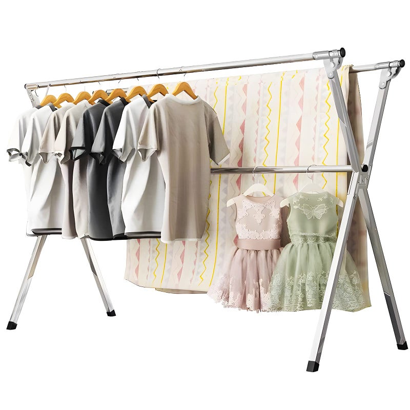 URYAN 95 Inches Clothes Drying Rack Heavy Duty Stainless Steel Laundry Drying Rack Folding Indoor Outdoor Portable Drying Rack Clothing Blanket Rack Clothesline with 20 Windproof Hooks
