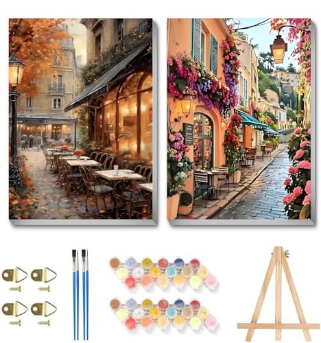 askkqtx 2 Pack Framed Paint by Numbers Kit for Adults - with Wooden Easel, Landscape Paint by Numbers Kit for Adults Framed, DIY Streetscape Paint by Numbers with Frame for Home Wall Decor 8x12 Inch - Image 1