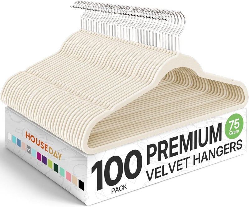 HOUSE DAY Premium Velvet Hangers 100 Pack, Non-Slip Clothes Hangers Ivory - Durable and Sturdy Felt Hanger, Velvet Hanger for Coat, Pants & Dress Slim Space Saving for Closet Organizer - Image 1