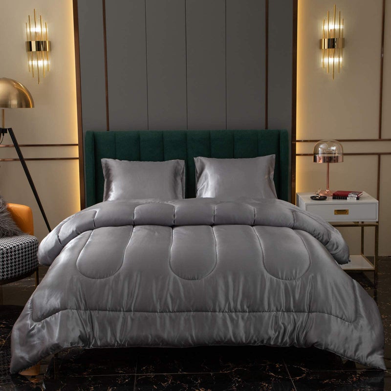 Bedding Dreamer Satin Comforter Queen Size Grey Silky Set with 2 Pillowcases