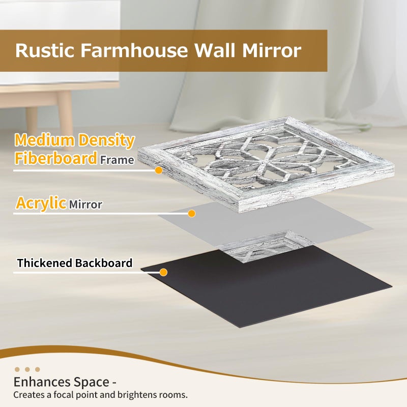 HMANGE Boho Wall Mirror Decor, Set of 2 Rustic Farmhouse Accent Mirror 12x12 Inch, Square Shatterproof Vintage Style Mirrors for Wall, Small Decorative Mirrors for Living Room, Bedroom(Grey) - Image 5