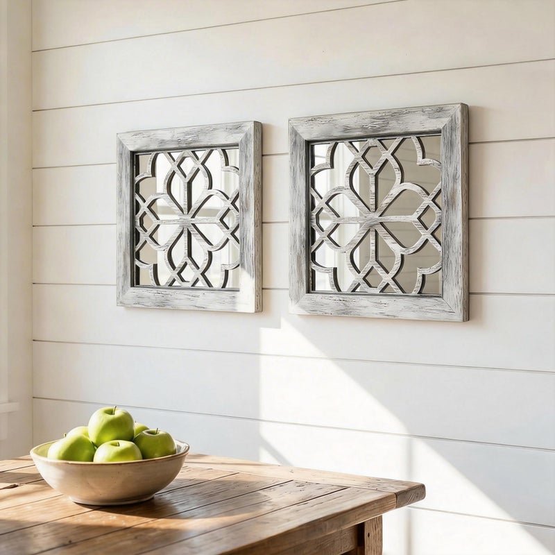 HMANGE Boho Wall Mirror Decor, Set of 2 Rustic Farmhouse Accent Mirror 12x12 Inch, Square Shatterproof Vintage Style Mirrors for Wall, Small Decorative Mirrors for Living Room, Bedroom(Grey) - Image 2