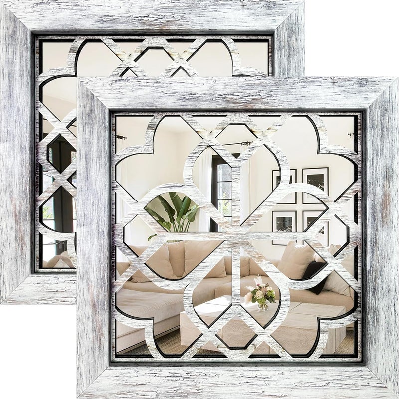 HMANGE Boho Wall Mirror Decor, Set of 2 Rustic Farmhouse Accent Mirror 12x12 Inch, Square Shatterproof Vintage Style Mirrors for Wall, Small Decorative Mirrors for Living Room, Bedroom(Grey) - Image 1