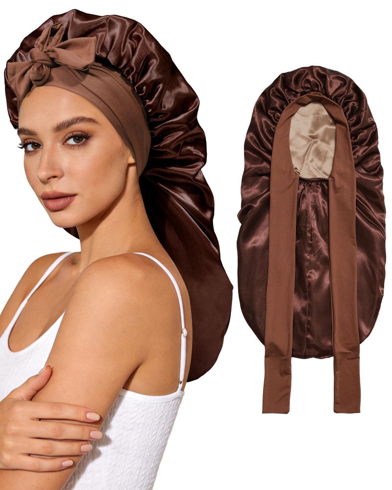 AWAYTR Long Satin Bonnet for Sleeping Double Layer Reversible Silk Bonnet for Long Hair Women Sleeping Cap with Tie Band BrownChampagne - Image 2