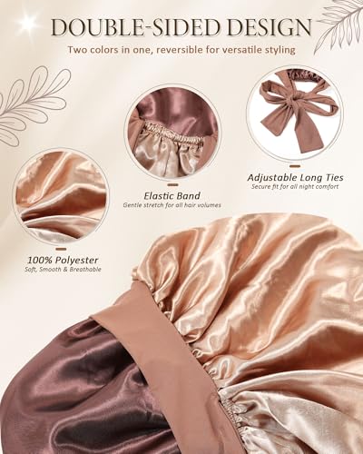 AWAYTR Long Satin Bonnet for Sleeping Double Layer Reversible Silk Bonnet for Long Hair Women Sleeping Cap with Tie Band BrownChampagne - Image 3