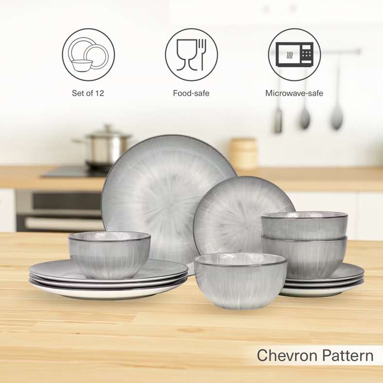 Pan Home 12-Piece Porcelain Dinner Set - White & Grey