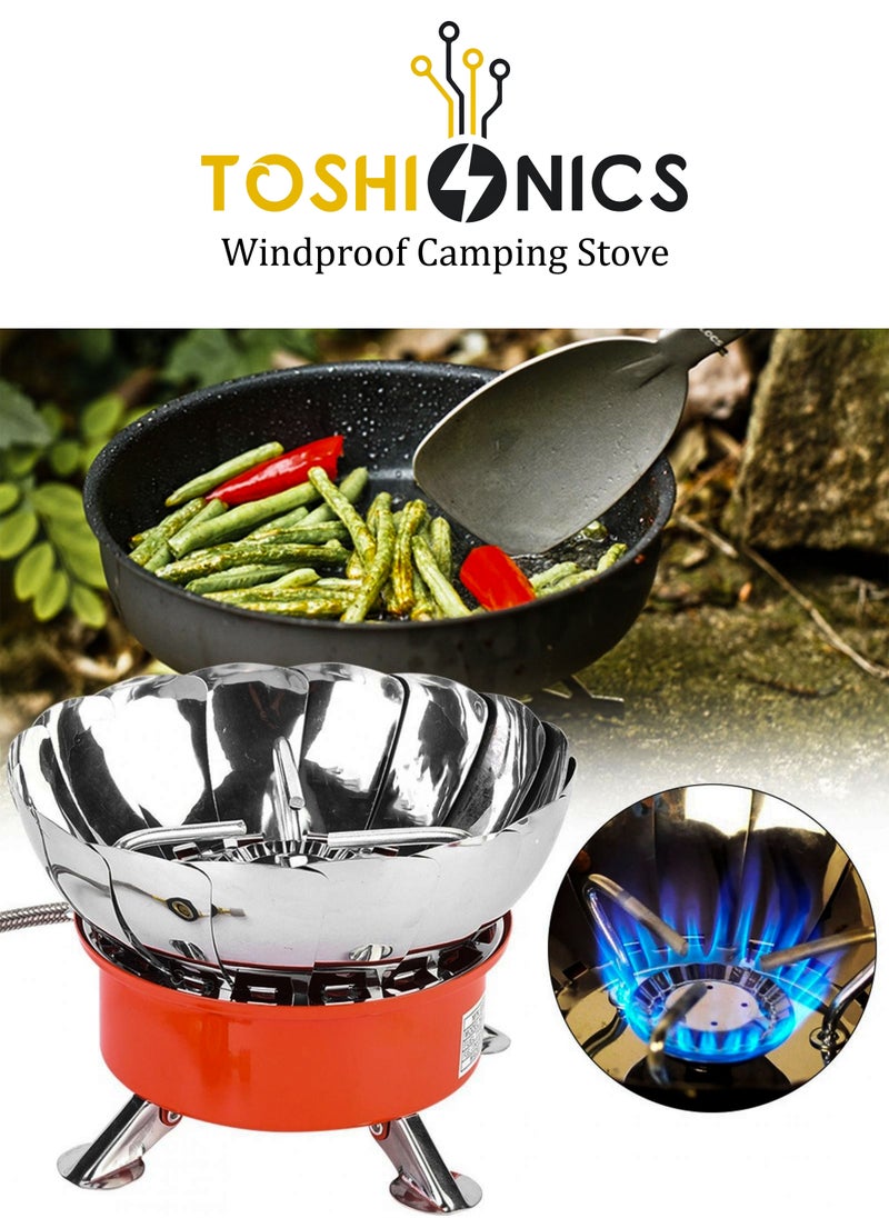 Toshionics Windproof Burner Camping Stove Portable Butane Stove Portable Hiking Stove Mini Outdoor Gas Stove Lotus Stove Head Portable Steel Folding Camping Stove with Manual Ignition 2800W  - Image 1