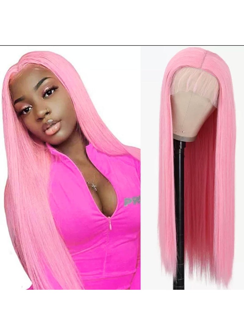 Ebingoo Ebingoo Pink Lace Front Wig for Women Wig Cap Long Straight Natural Pink Synthetic Middle T Part Lace Front Wig for Halloween Daily Wear 