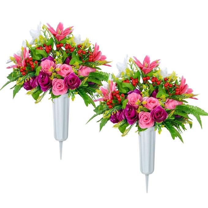 Artificial Cemetery Flowers with Vase Set of 2 Artificial Rose Lily Bouquet Graveyard Memorial Flowers for Cemetery Headstones Decoration