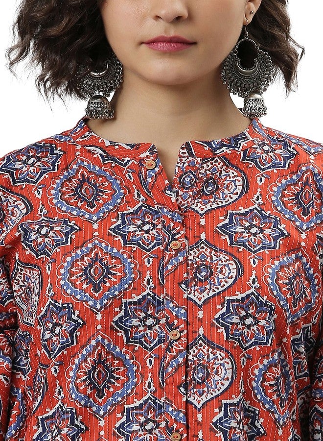 Janasya Women's Orange Cotton Floral Printed Kurta(JNE3818-KR-ICHR-XS) - Image 5