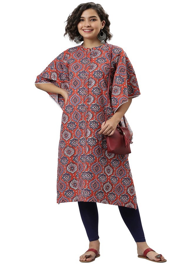 Janasya Women's Orange Cotton Floral Printed Kurta(JNE3818-KR-ICHR-XS) - Image 1