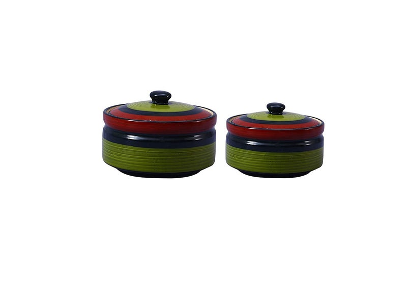 Caffeine Ceramic Handmade Green Chandrakari Serving Casserole with Lid (Set of 3) - Image 3