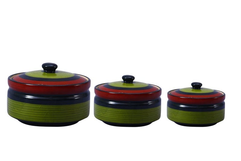 Caffeine Ceramic Handmade Green Chandrakari Serving Casserole with Lid (Set of 3) - Image 2