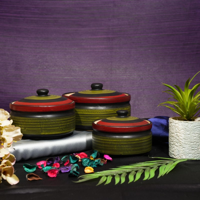 Caffeine Ceramic Handmade Green Chandrakari Serving Casserole with Lid (Set of 3) - Image 1