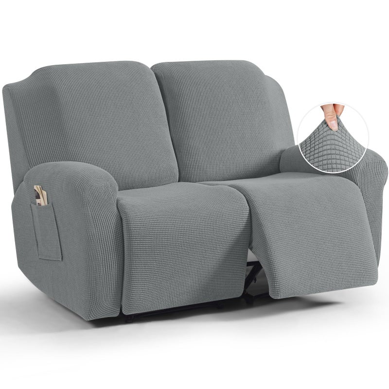 TAOCOCO Recliner Loveseat Slipcover 6 Pieces Dual Recliner Sofa Covers for 2 Seat Dual Reclining Loveseat Couch Stretch Soft Jacquard Pattern Furniture Protector with Elasticity Dusty Grey