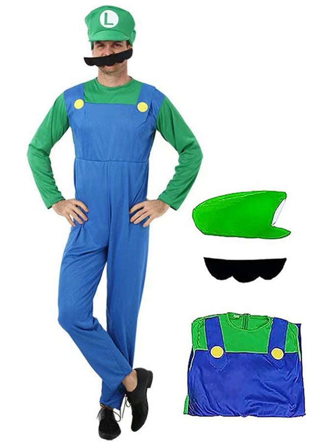 Super Brothers Cosplay Kids Costume Mario Cosplay Jumpsuit Plumber Costume with Hat Mustache (Adult Version - Green) - Image 1