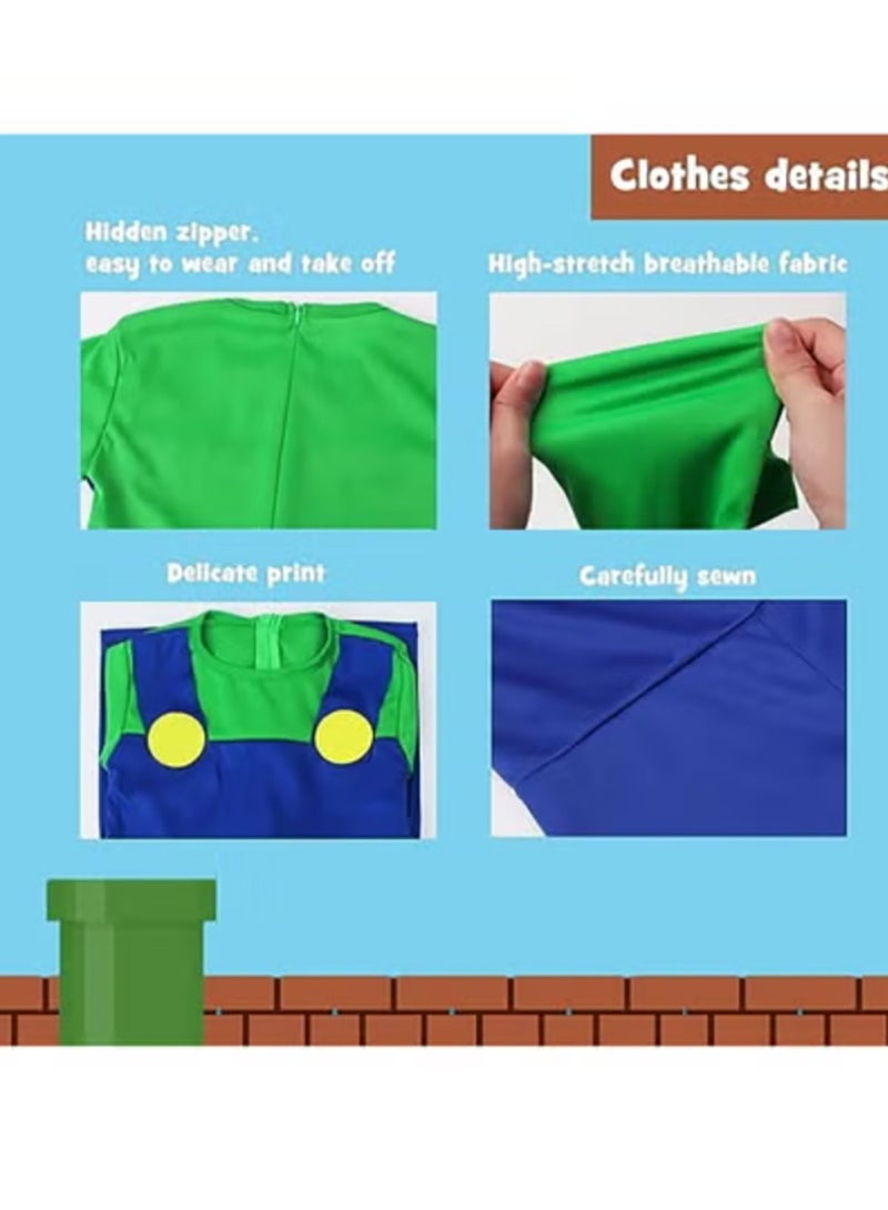 Super Brothers Cosplay Kids Costume Mario Cosplay Jumpsuit Plumber Costume with Hat Mustache (Adult Version - Green) - Image 2