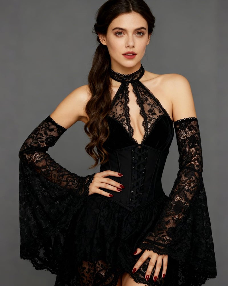 L'VOW Women's 1 Pair Gothic Black Lace Arm Sleeves Detachable Long Witch Gloves Renaissance Vampire Costume Accessory - Image 2