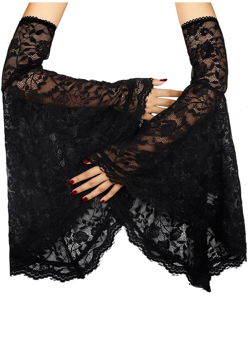 L'VOW Women's 1 Pair Gothic Black Lace Arm Sleeves Detachable Long Witch Gloves Renaissance Vampire Costume Accessory - Image 1