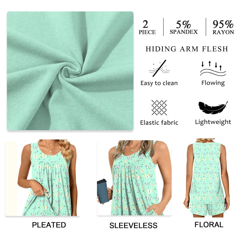 POPYOUNG Plus Size Pajama Set for Women Summer Sleeveless Tank Tops Pjs Sets 2 Piece Lounge Set Comfy Shorts Sleepwear with Pockets XL, Pink Star - Image 4