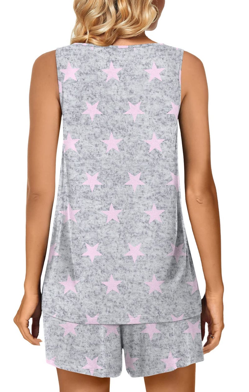 POPYOUNG Plus Size Pajama Set for Women Summer Sleeveless Tank Tops Pjs Sets 2 Piece Lounge Set Comfy Shorts Sleepwear with Pockets XL, Pink Star - Image 3