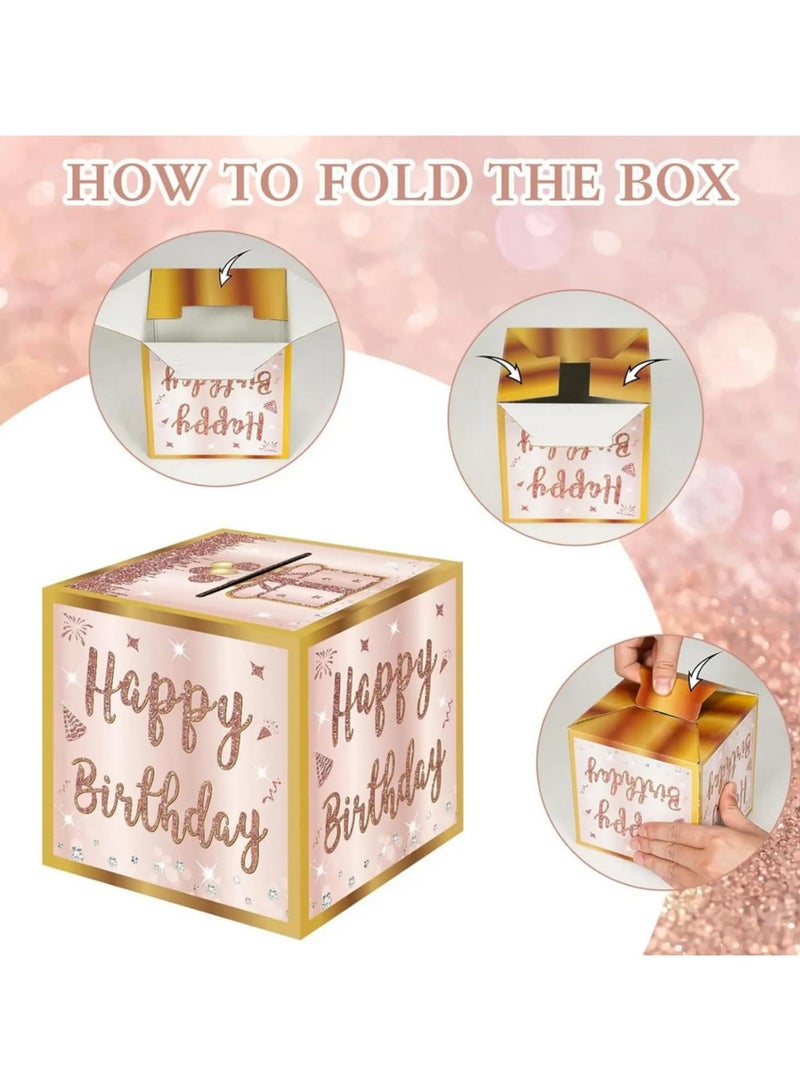Happy Birthday Money Gift Box with DIY Stickers for Any Age - Pink Rose Gold Surprise Birthday Party Cash Gift Box Party Decor (Rose gold) - Image 3