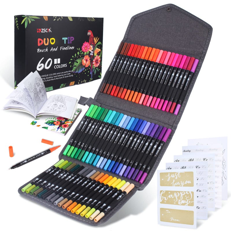 ZSCM QUALITY DECIDES THE FUTURE ZSCM 60 Colors Markers for Adult Coloring Books No Bleeding - Duo Tip Brush Pen, Artist Fine & Brush Coloring Markers for Adult Calligraphy, Drawing, Sketching & Journaling - Image 1