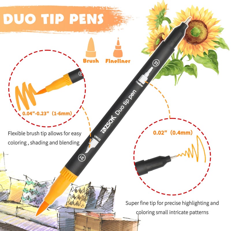 ZSCM QUALITY DECIDES THE FUTURE ZSCM 60 Colors Markers for Adult Coloring Books No Bleeding - Duo Tip Brush Pen, Artist Fine & Brush Coloring Markers for Adult Calligraphy, Drawing, Sketching & Journaling - Image 2