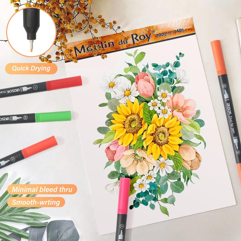 ZSCM QUALITY DECIDES THE FUTURE ZSCM 60 Colors Markers for Adult Coloring Books No Bleeding - Duo Tip Brush Pen, Artist Fine & Brush Coloring Markers for Adult Calligraphy, Drawing, Sketching & Journaling - Image 4