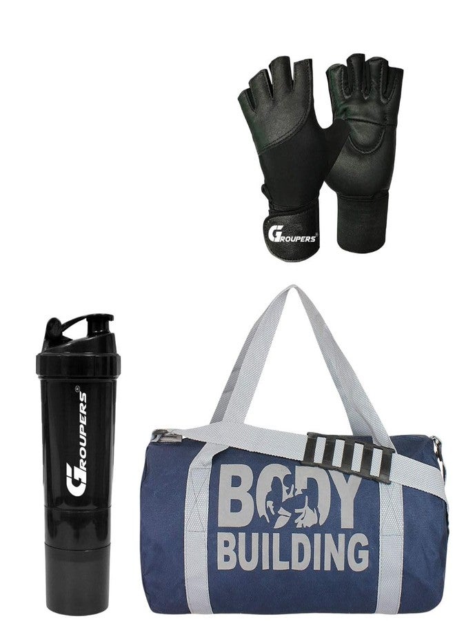 Groupers Premium Gym Kit for Men and Women - Blue 20-25L Gym & Travel Duffle with Shoe Pocket + 500ml Shaker & Weightlifting Gloves,Waterproof Weekender Bag - Image 1