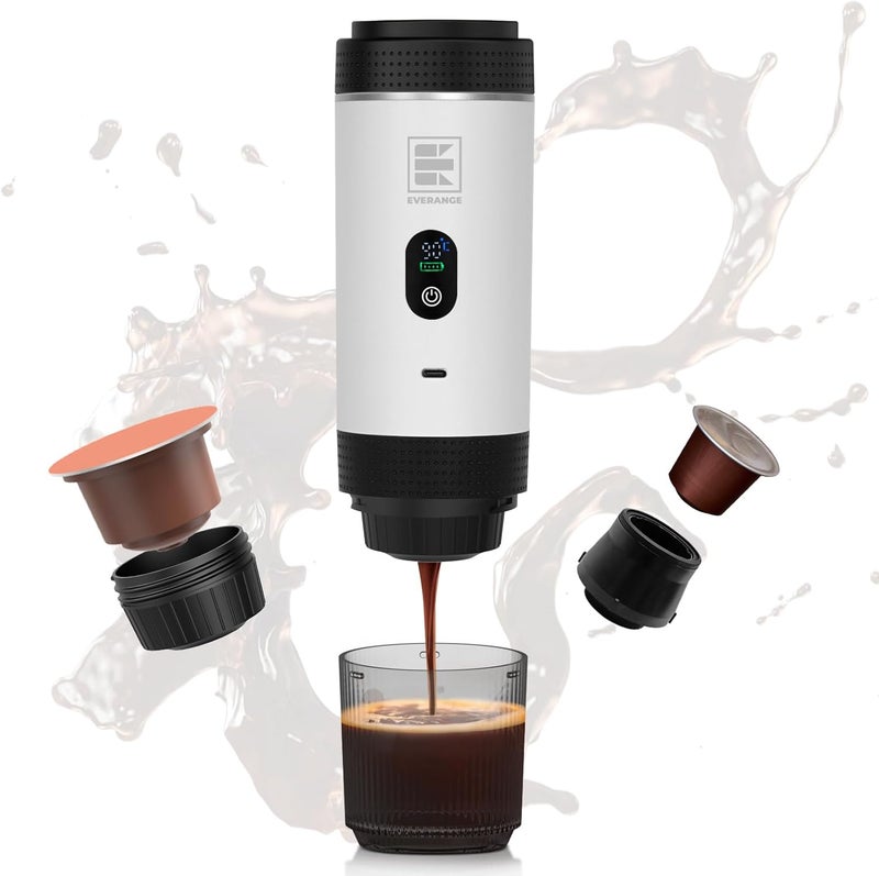 EVERANGE Portable Electric Espresso Machine, Travel Coffee Maker Brewer Compatible with Ground Coffee & NS Capsules (White with LCD Screen) - Image 1