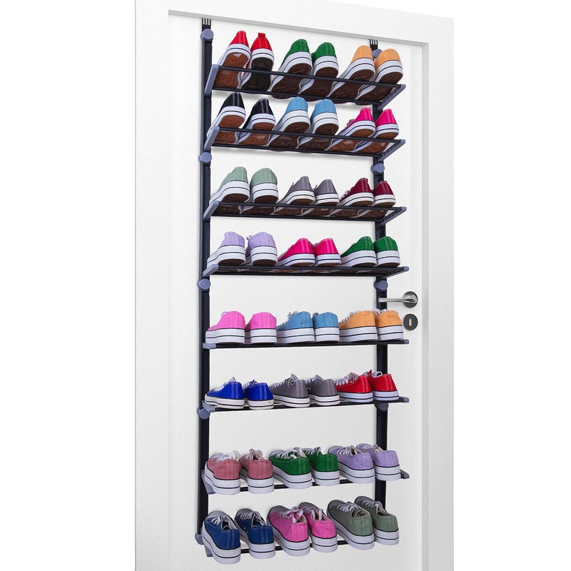 Knight Over Door Shoe Storage Organiser  8 Tier Hanging Shoe Rack Holder  SpaceSaving Shelf Holder for Bedroom Hallway  Holds 24 Pairs  Foldable NonSlip Metal 8 Tier