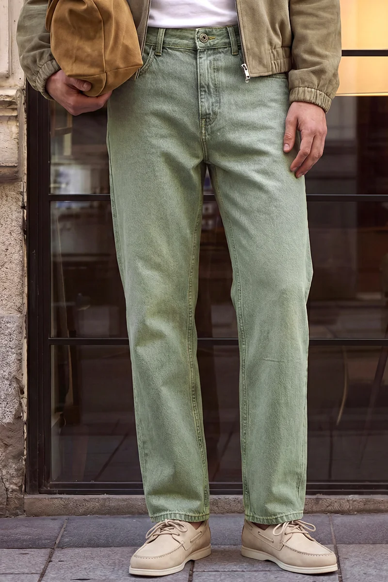 سنيتش Sage Green Solid Straight Fit Casual Jeans