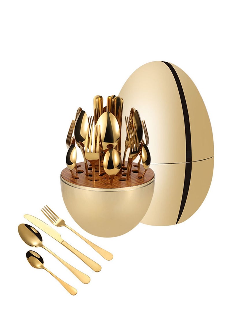 Arabest 24 Pieces Stainless Steel Flatware Flatware Cutlery Knife Fork Spoon Egg Cutlery Box Gold 30X19 CM  - Image 1