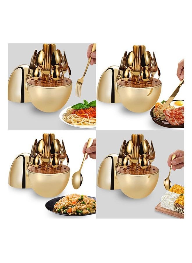 Arabest 24 Pieces Stainless Steel Flatware Flatware Cutlery Knife Fork Spoon Egg Cutlery Box Gold 30X19 CM  - Image 5