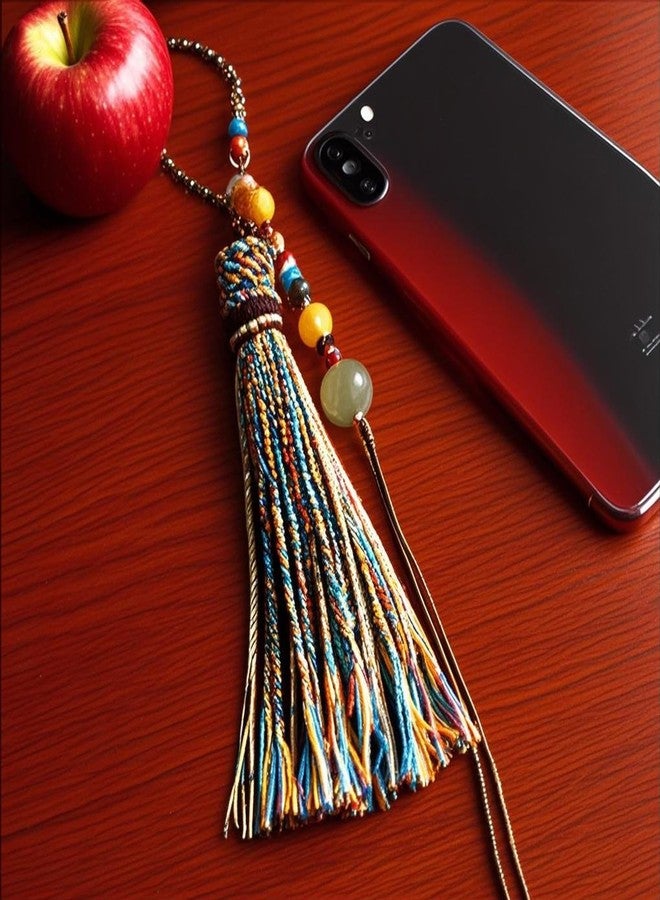 Chiorgone Handmade Tibetan Yarn Tassel Keychain, Boho Phone Chain with Amber & Jade Beads, Pendant decoration for Car Keys/Backpacks., Color, M - Image 4