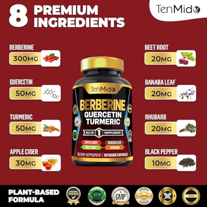 Tenmido Berberine Supplement for Men and Women, 8in1 Formula with Quercetin, Turmeric, Apple Cider Vinegar, Beet Root & More - Digestive, Immune Support - Rich in Nutrient - 90 Capsules - Image 3