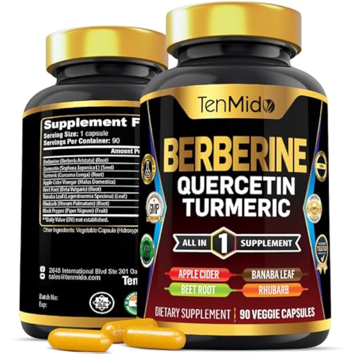 Tenmido Berberine Supplement for Men and Women, 8in1 Formula with Quercetin, Turmeric, Apple Cider Vinegar, Beet Root & More - Digestive, Immune Support - Rich in Nutrient - 90 Capsules - Image 1